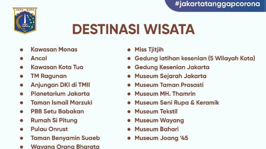 Darurat Corona, DKI Jakarta Tutup Sementara Destinasi Wisata
