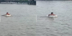 Viral Video Bocah SD Nekat Seberangi Sungai Pakai Styrofoam untuk Pergi ke Sekolah