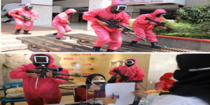 Ini Potret Tes CPNS di Surabaya Dijaga Tentara Pink Squid Game, Banjir Kritik